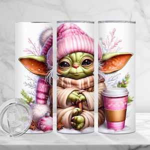 Envoltura de vaso alienígena bebé, diseño de sublimación de caballo, envoltura de vinilo, epoxi, envoltura recta delgada de 20 oz, envoltura de vaso de Navidad rosa