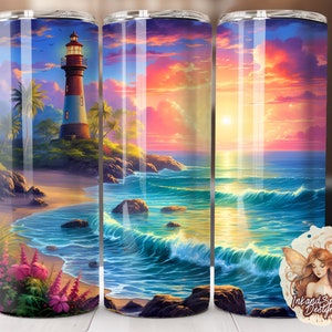 Lighthouse Beach Tumbler Wrap, Ocean Sunset, 20oz Skinny (Printable PNG)