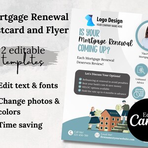 Folleto y postal de renovación de hipoteca moderna, conjunto de marketing inmobiliario, paquete de plantillas de Canva, correo para agente de préstamos, tarjeta de volante para nuevo agente