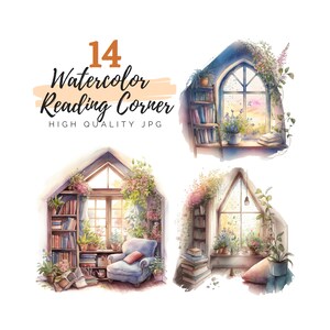 Watercolor Reading Corner Clipart, High Quality JPG, Paper Craft, Junk Journals, Reading Clipart, Bookworm Clipart, Book Clipart, Book Lover