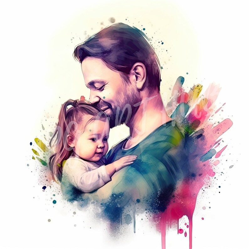 Pode incluir: Uma pintura em aquarela de um pai e uma filha. O pai est&aacute; segurando a filha nos bra&ccedil;os e beijando sua testa. O fundo &eacute; uma aquarela colorida.