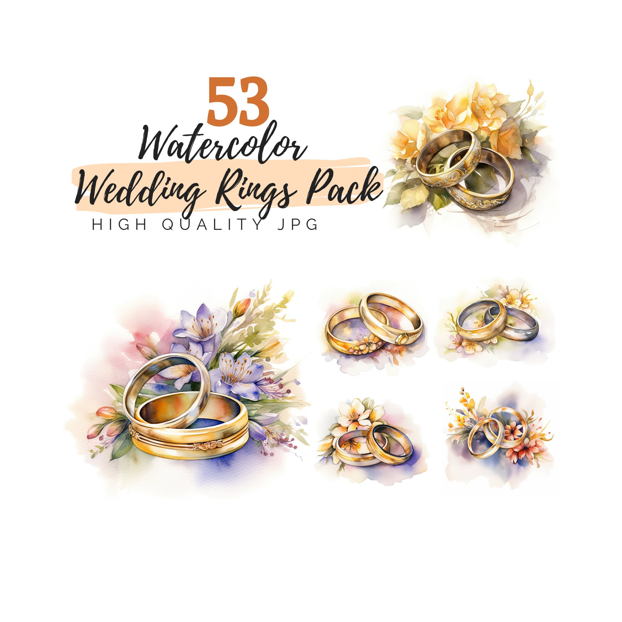 Watercolor Wedding Rings Clipart Bundle, High Quality JPG, Digital ...