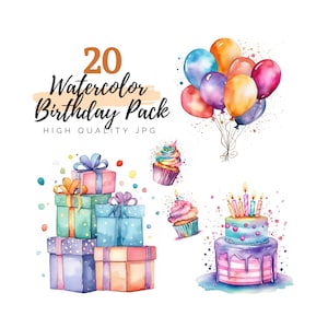 Aquarell Kinder Geburtstag Clipart Pack, Luftballons Clipart, Geschenk Clipart, hohe Qualität JPG, Party Clipart, Feier Clipart, Kuchen Clipart