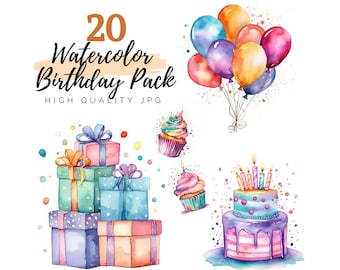 Akvarell barnfödelsedags clipartpaket, ballonger clipart, presentclipart, högkvalitativ JPG, fest clipart, firande clipart, tårta clipart