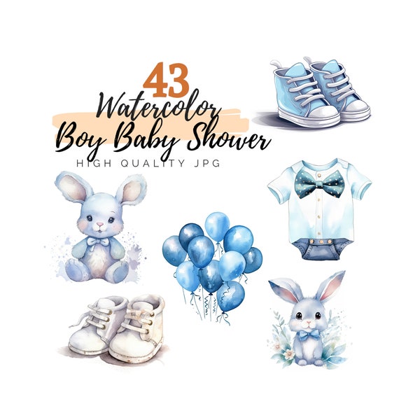Watercolor Boy Baby Shower Clipart, Boy Clipart, Baby Clipart, Newborn Nursery, Gender Reveal, Babyshower Clipart, Digital Download