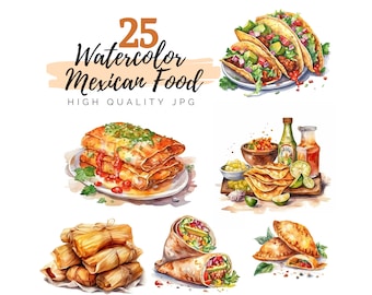 Watercolor Mexican Food Clipart, Mexican Clipart, Tacos Clipart, Digital Download, Burritos Clipart, Quesadilla, Tamales, Cinco de Mayo