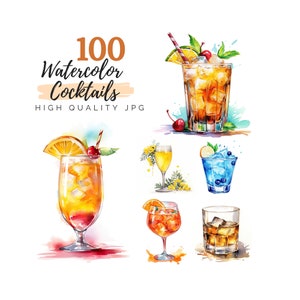 Pacchetto clipart cocktail acquerello, JPG di alta qualità, download digitale, clipart acquerello, illustrazione di alcol, clipart di bevande