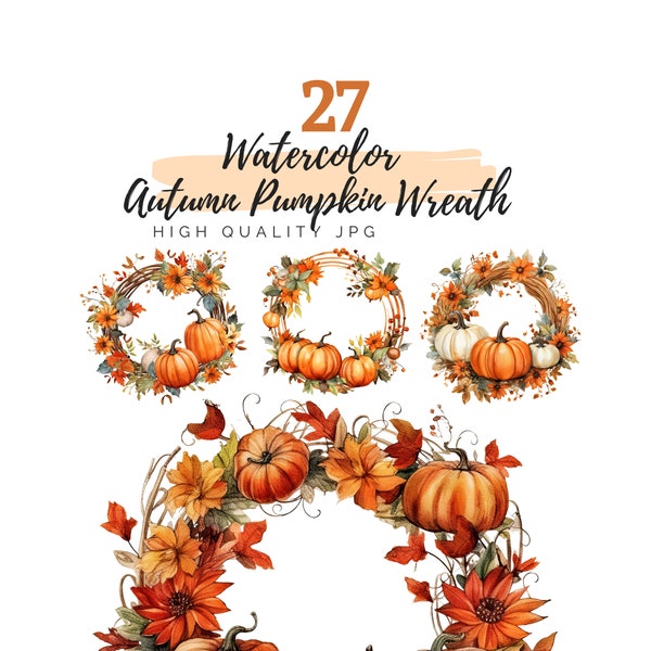Watercolor Autumn Pumpkin Wreath Clipart, Digital Download, Pumpkin and Flowers, Fall Clipart, Autumn Clipart, Pumpkin Clipart, Scrapbooking
