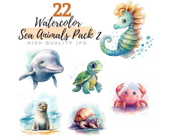 Watercolor Sea Animal Pack 2 Clipart, Sea Creature Clipart, Digital Download, Turtle, Octopus, Crab, Shark, Starfish, Whale Clipart