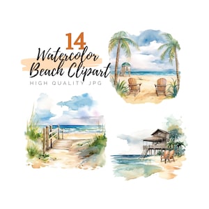 Clipart akwarelowy na plaży, Clipart wakacyjny, Krajobraz oceaniczny, Krajobraz plażowy, Pobieranie cyfrowe, Tropikalna plaża, Clipart oceaniczny, Dzień na plaży