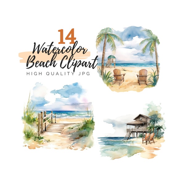 Watercolor Beach Clipart, Vacation Clipart, Ocean Landscape, Beach Landscape, Digital Download, Tropical Beach, Ocean Clipart, Beach Day