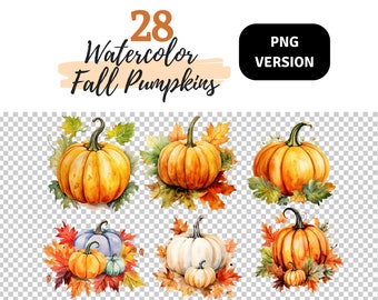 Watercolor Pumpkin Clipart, Fall Clipart Bundle, High Quality PNG, Digital Download, Watercolor Clipart, Halloween Clipart, Junk Journal