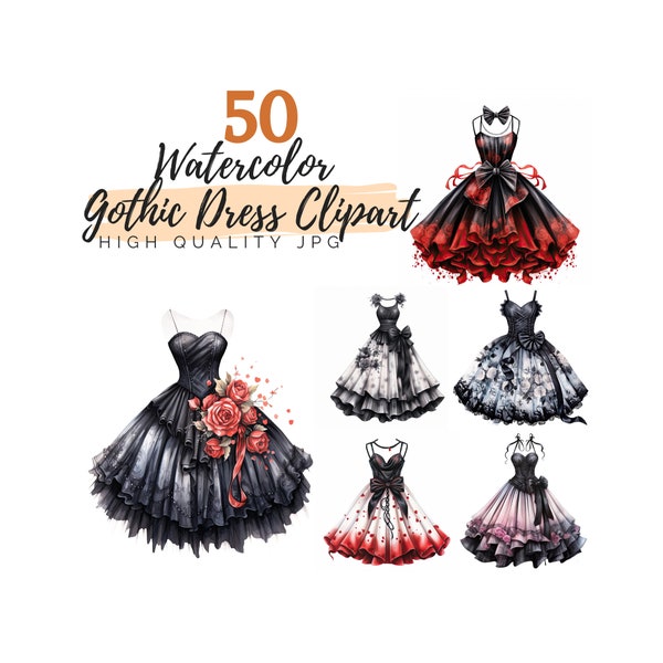 Watercolor Gothic Dresses Clipart Bundle, Gothic Clipart, High Quality JPG, Digital Download, Watercolor Clipart, Gothic Fashion, Dark Goth