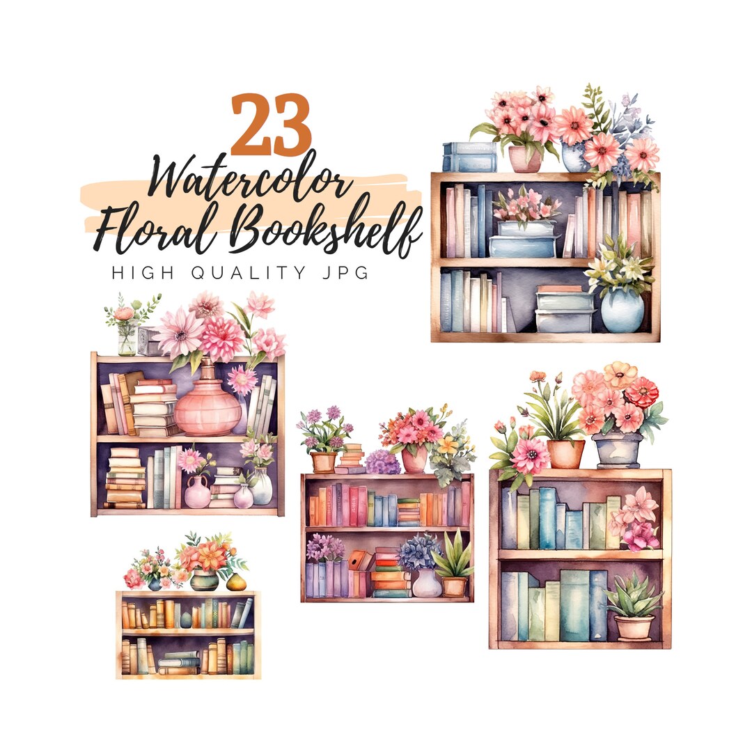 Watercolor Floral Bookshelf Clipart Bundle, Books Clipart, Bookcase