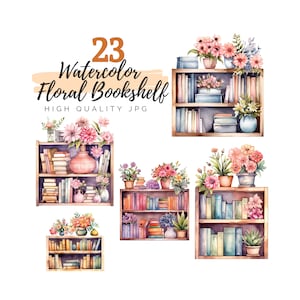 Watercolor Floral Bookshelf Clipart Bundle, Books Clipart, Bookcase Clipart, Digital Download, Watercolor Bookshelf, Home Library Clipart