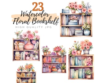 Watercolor Floral Bookshelf Clipart Bundle, Books Clipart, Bookcase Clipart, Digital Download, Watercolor Bookshelf, Home Library Clipart