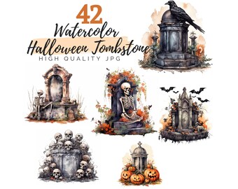 Imágenes prediseñadas de lápida espeluznante de acuarela, imágenes prediseñadas de Halloween, JPG de alta calidad, descarga digital, imágenes prediseñadas de acuarela, imágenes prediseñadas espeluznantes, lápida