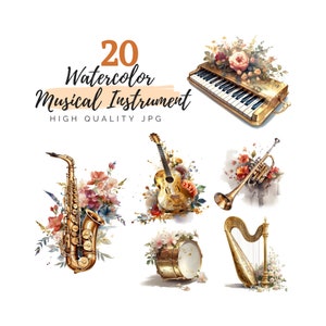 Watercolor Musical Instrument Clipart, Orchestra Clipart, Digital Download, Brass, Woodwind, Trumpet, Guitar, Piano, Watercolor Clipart