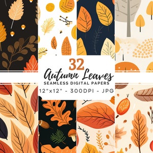 Seamless Autumn Leaves Digital Paper Pack, Fall Seamless Pattern, Autumn Background, Fall Scrapbook Paper, Autumn Pattern, Fall Background
