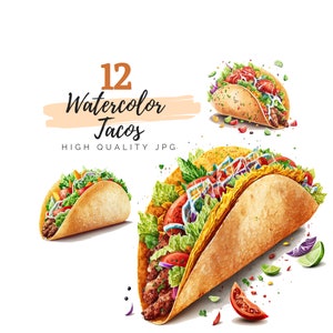 Watercolor Tacos Clipart, High Quality JPG, Card Making, Invitations, Paper Craft, Food Clipart, Digital Planners, Digital Download