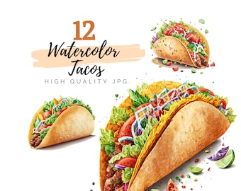Watercolor Tacos Clipart, High Quality JPG, Card Making, Invitations, Paper Craft, Food Clipart, Digital Planners, Digital Download