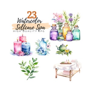 Imágenes prediseñadas de spa de cuidado personal de acuarela, imágenes prediseñadas de bienestar, JPG de alta calidad, descarga digital, imágenes prediseñadas de acuarela, imágenes prediseñadas de aromaterapia