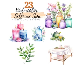 Watercolor Self Care Spa Clipart, Wellness Clipart, High Quality JPG, Digital Download, Watercolor Clipart, Aromatherapy Clipart
