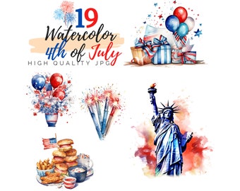 Paquete de imágenes prediseñadas del 4 de julio de acuarela, imágenes prediseñadas del Día de la Independencia, imágenes prediseñadas de América, descarga digital, imágenes prediseñadas de fuegos artificiales, imágenes prediseñadas patrióticas,