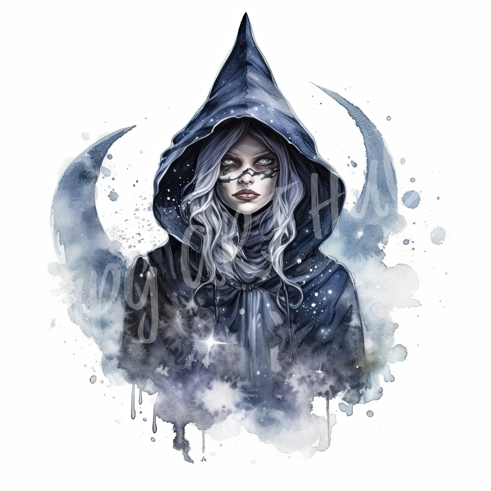 Watercolor Dark Celestial Witch Clipart, Halloween Clipart, Digital ...