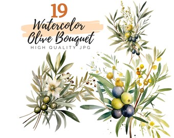 Watercolor Olive Bouquet Clipart, High Quality JPG, Card Making, Invitations, Paper Craft, Junk Journals, Olive Branch, Olive Clipart