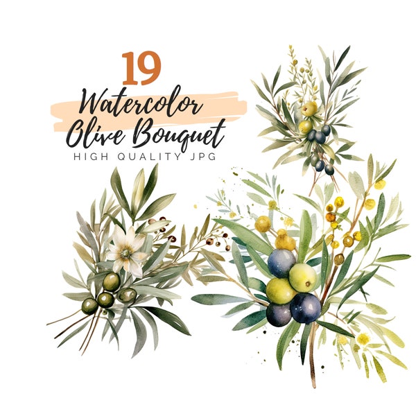 Watercolor Olive Bouquet Clipart, High Quality JPG, Card Making, Invitations, Paper Craft, Junk Journals, Olive Branch, Olive Clipart