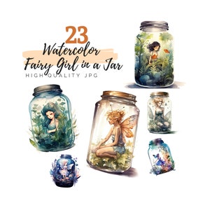Watercolor Fairy Girl in a Jar Clipart, Fantasy Clipart, Fairy Girl Clipart, Digital Download, Magic Clipart, Watercolor Jar, Scrapbooking