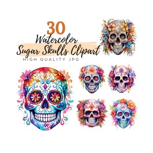 Watercolor Sugar Skulls Clipart, High Quality JPG, Digital Download, Watercolor Clipart, Day of the Dead, Floral Skulls, Scrapbooking