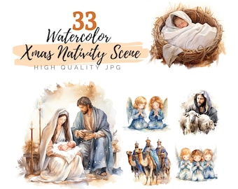 Watercolor Christmas Nativity Scene Clipart, High Quality JPG, Digital Download, Watercolor Clipart, Christmas Clipart, Holiday Clipart