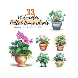 Watercolor Potted House Plant Clipart Bundle, Potted Plants, Digital Download, Indoor Plant, High Quality JPG, Commercial Use