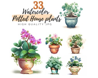 Watercolor Potted House Plant Clipart Bundle, Potted Plants, Digital Download, Indoor Plant, High Quality JPG, Commercial Use