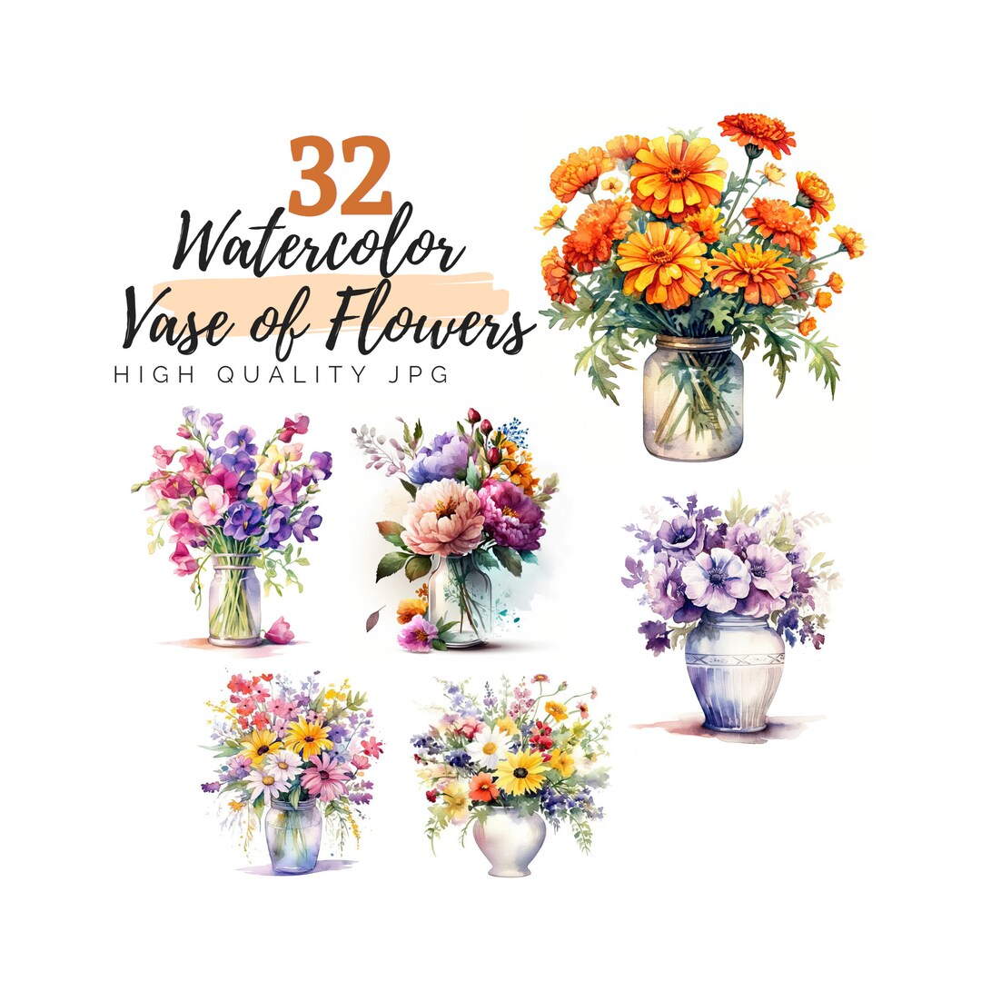 Watercolor Vase of Flowers Clipart, Flower Bouquet, Floral Clipart ...