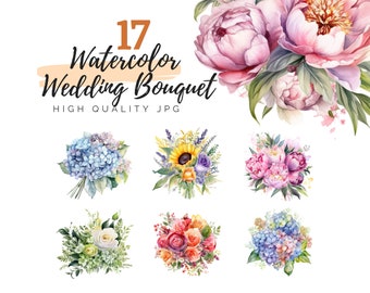 Clipart bouquet da sposa ad acquerello, clipart floreale, bouquet di fiori PNG, matrimonio primaverile estivo, download istantaneo, grafica per addio al nubilato