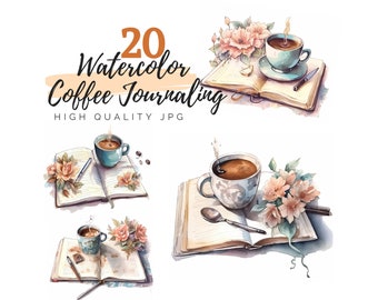 Watercolor Coffee Journaling Clipart, Digital Download, Planner Girl Clipart, Coffee Clipart, Book Clipart, Commercial Use, Planner Clipart