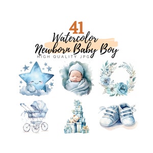 Aquarel pasgeboren baby jongen clipart bundel, pasgeboren clipart, baby clipart, digitale download, aquarel clipart, kinderkamer decor, baby shower