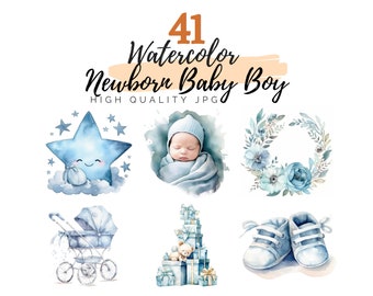 Watercolor Newborn Baby Boy Clipart Bundle, Newborn Clipart, Baby Clipart, Digital Download, Watercolor Clipart, Nursery Decor, Baby Shower