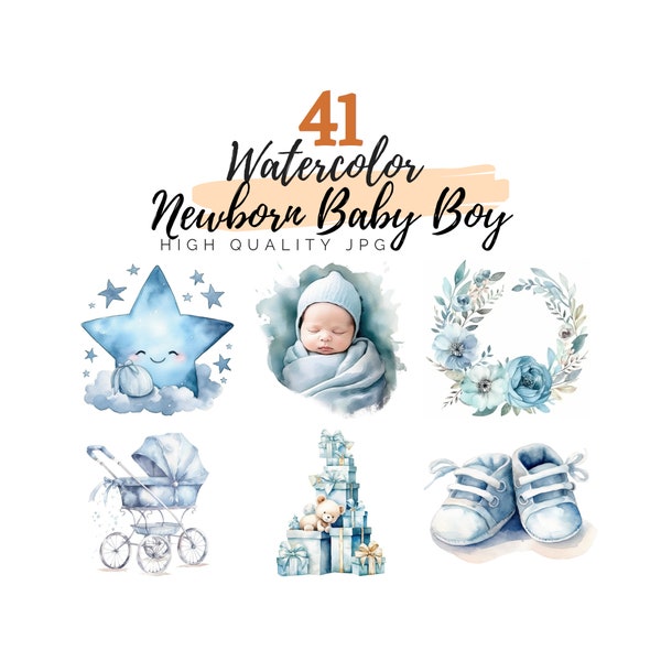 Aquarell Neugeborenen Baby Junge Clipart Bundle, Neugeborenen Clipart, Baby Clipart, digitaler Download, Aquarell Clipart, Kinderzimmer Dekor, Baby Shower