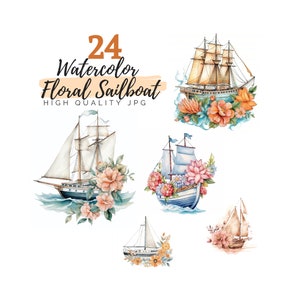 Watercolor Sailboat with Flowers Clipart, Sailboat Clipart, High Quality JPG, Digital Download, Watercolor Clipart, Vacation Clipart