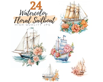 Aquarel zeilboot met bloemen clipart, zeilboot clipart, hoge kwaliteit JPG, digitale download, aquarel clipart, vakantie clipart