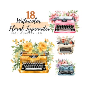 Watercolor Floral Typewriter Clipart Bundle, Vintage Typing Machine, Digital Download, Floral Clipart, Retro Typewriter, Writer Clipart