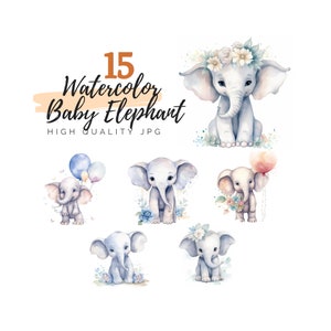Watercolor Baby Elephant Clipart, Elephants Illustration, Nursery Elephant, Digital Download, Cute Elephant, Baby Shower, Animal Clipart