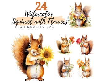 Watercolor Squirrel with Flower Clipart, High Quality JPG, Digital Download, Watercolor Clipart, Card Making, Squirrel Clipart, Scrapbooking
