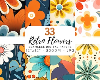 Seamless Retro Flowers Digital Paper, Printable Digital Paper, Retro Floral Background, Retro Floral Pattern, Scrapbook Paper, Vintage Paper