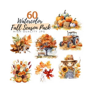 Paquete de imágenes prediseñadas de la temporada de otoño de acuarela, imágenes prediseñadas de otoño, JPG de alta calidad, descarga digital, imágenes prediseñadas de acuarela, imágenes prediseñadas de hojas de otoño