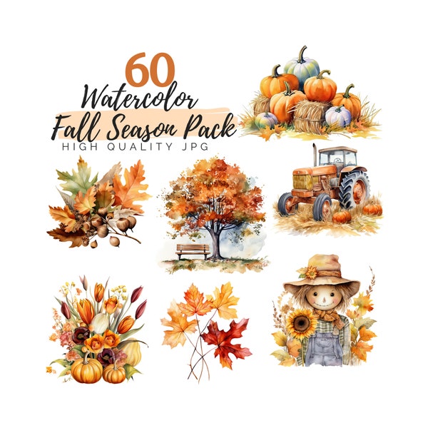 Watercolor Fall Season Clipart Bundle, Autumn Clipart, High Quality JPG, Digital Download, Watercolor Clipart, Autumn Leaves Clipart